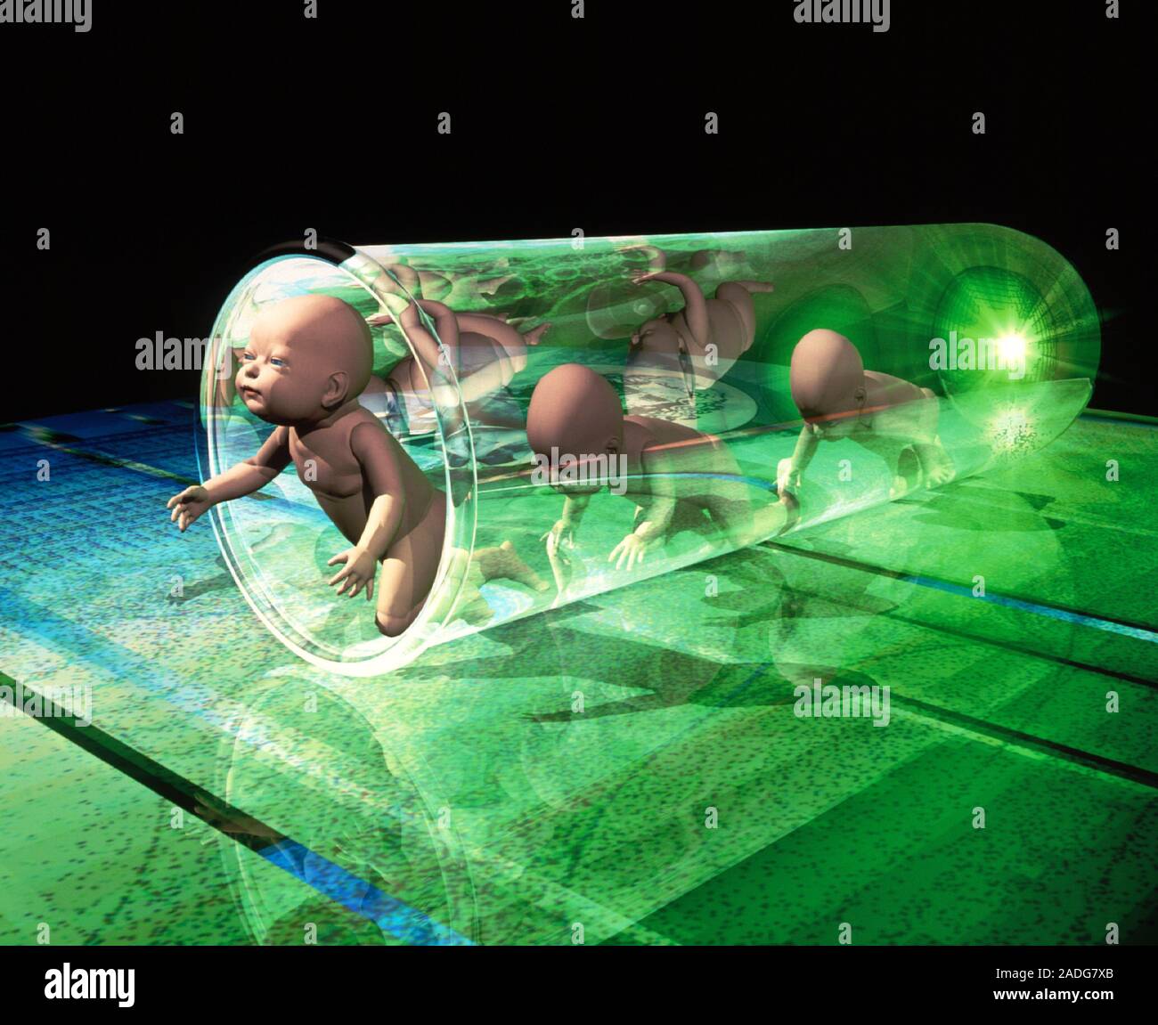 Cloning. Conceptual computer artwork depicting human cloning, showing babies crawling out of a