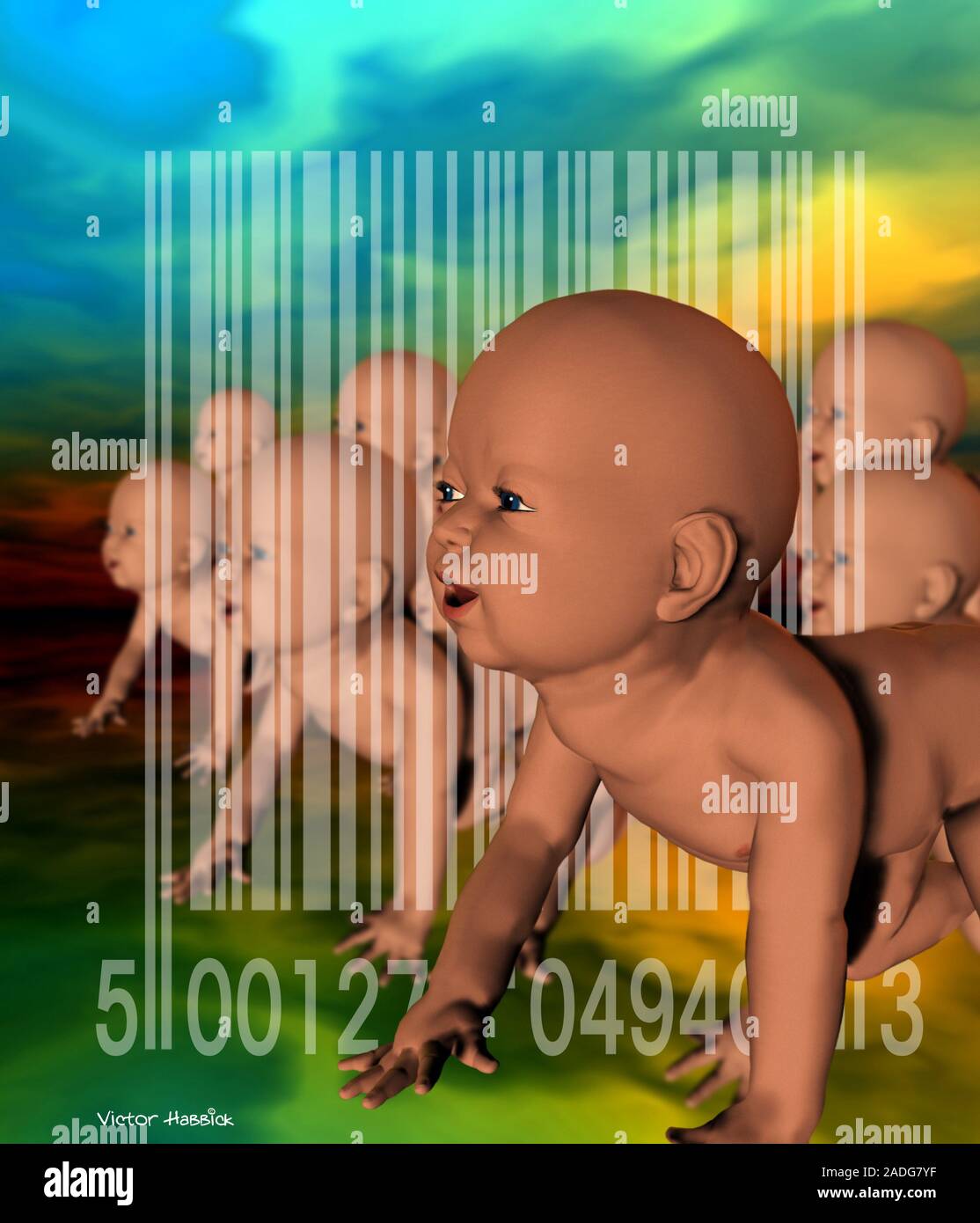 Human cloning. Conceptual computer artwork of human cloning, showing ...