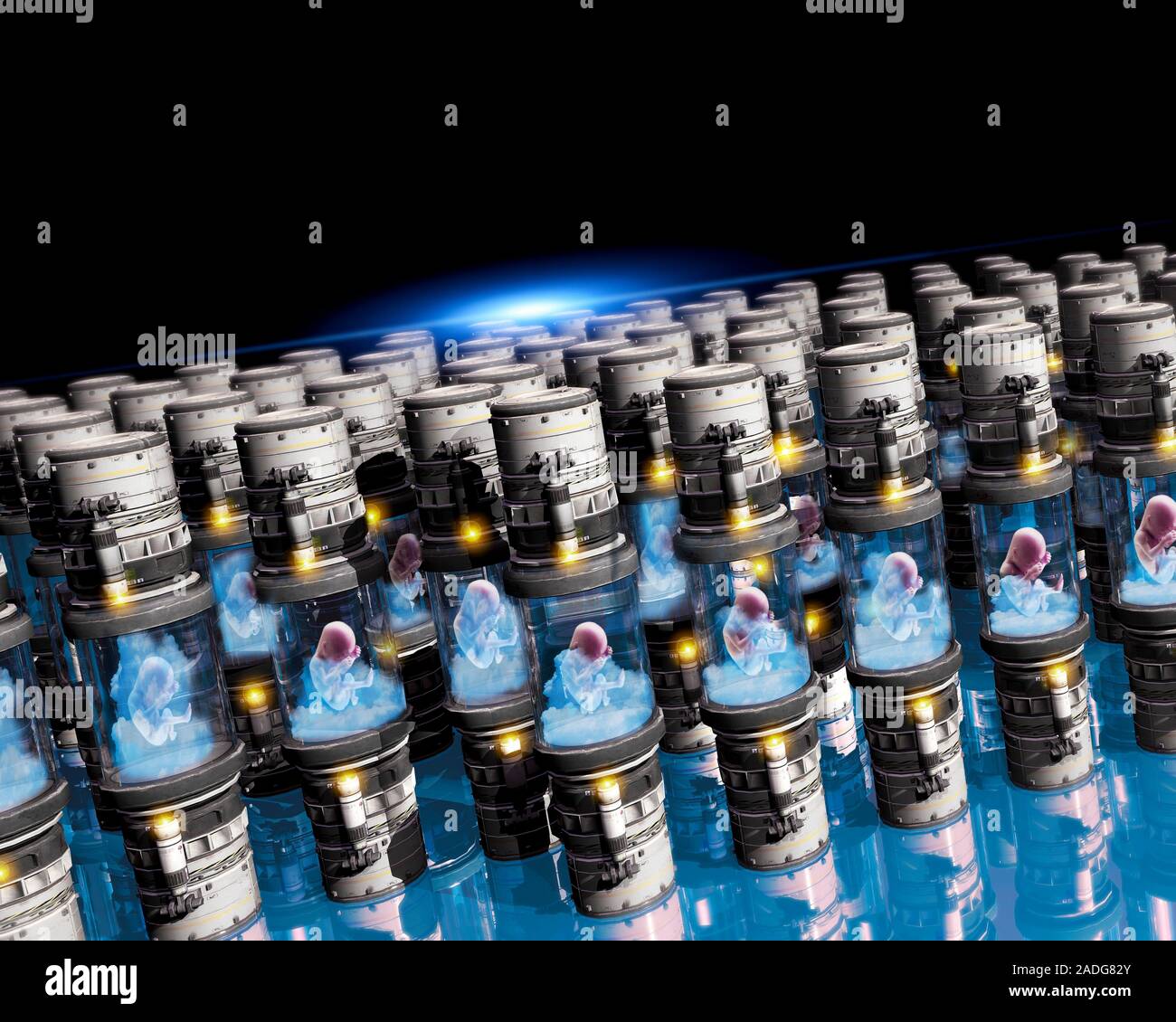 Human cloning vats. Conceptual computer artwork of human cloning ...
