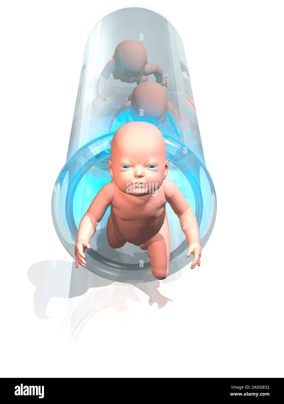 Human cloning. Conceptual computer artwork showing cloned babies crawling from a test tube