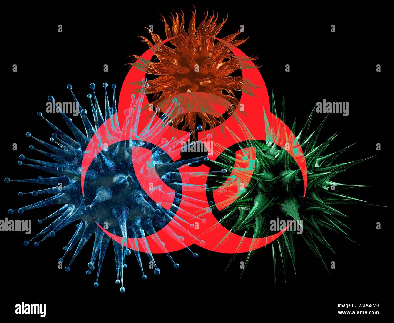 Biohazard symbol and viruses. Computer artwork of the symbol for a