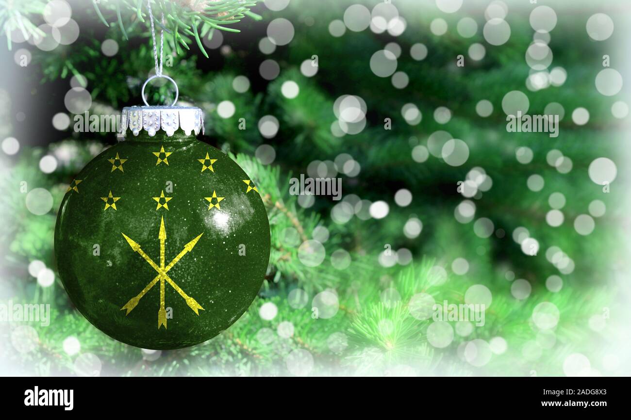 Christmas and New Year background with a flag of Adygea Stock Photo