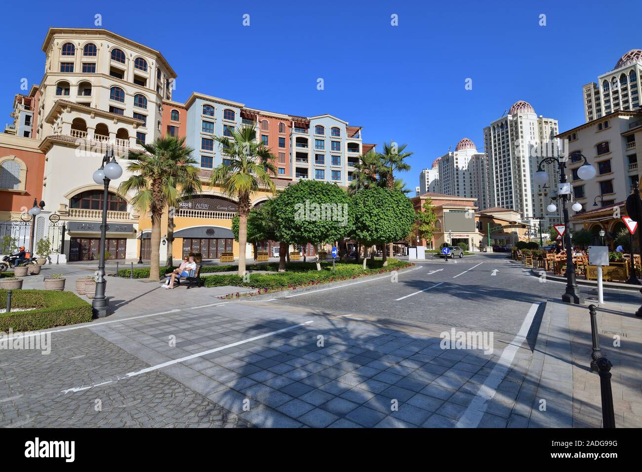 Doha, Qatar - Nov 23. 2019. square in front of Souq AlMedina - shopping center in Medina Centrale of Pearl island Stock Photo