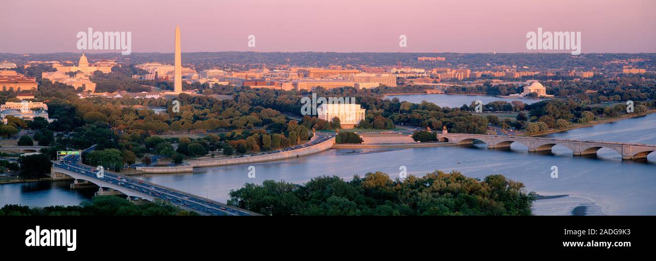 Aerial view of city at sunrise, Washington DC, District Of Columbia, USA Stock Photo