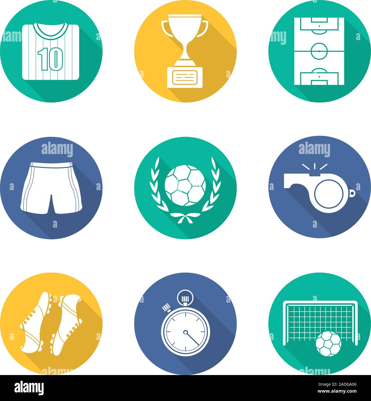 Soccer flat design long shadow icons set. Football t-shirt, shoes and ...