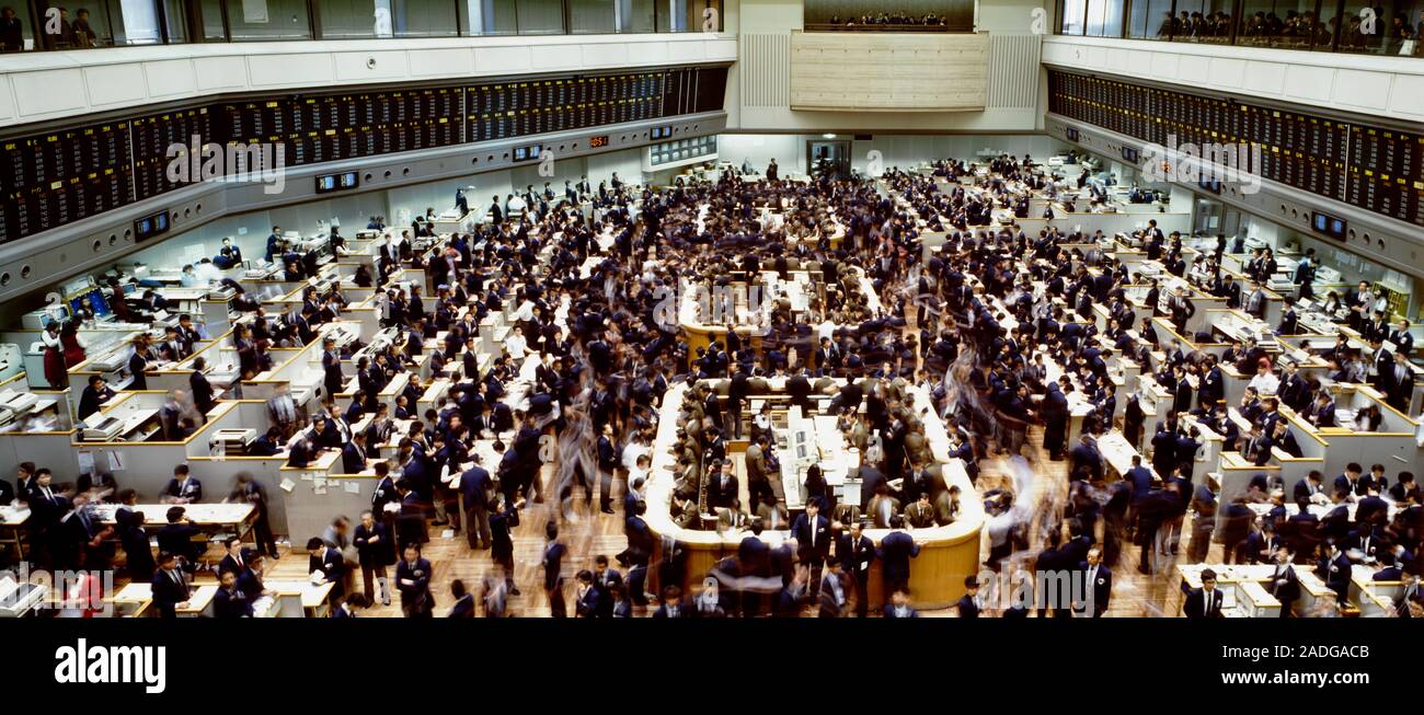 High angle view of a group of people on a trading floor, Tokyo Stock Exchange, Tokyo Prefecture, Kanto Region, Japan Stock Photo