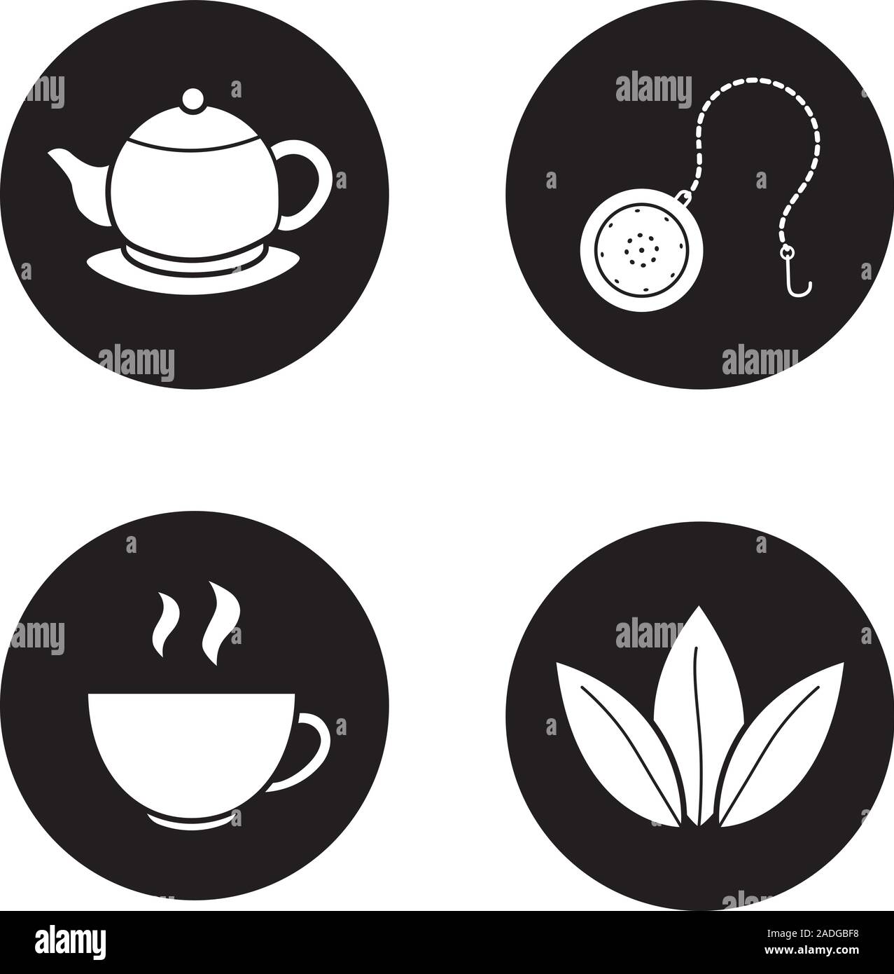 Tea icons set. Steaming cup, teapot on plate, loose tea leaves and ball infuser. Vector white silhouettes illustrations in black circles Stock Vector