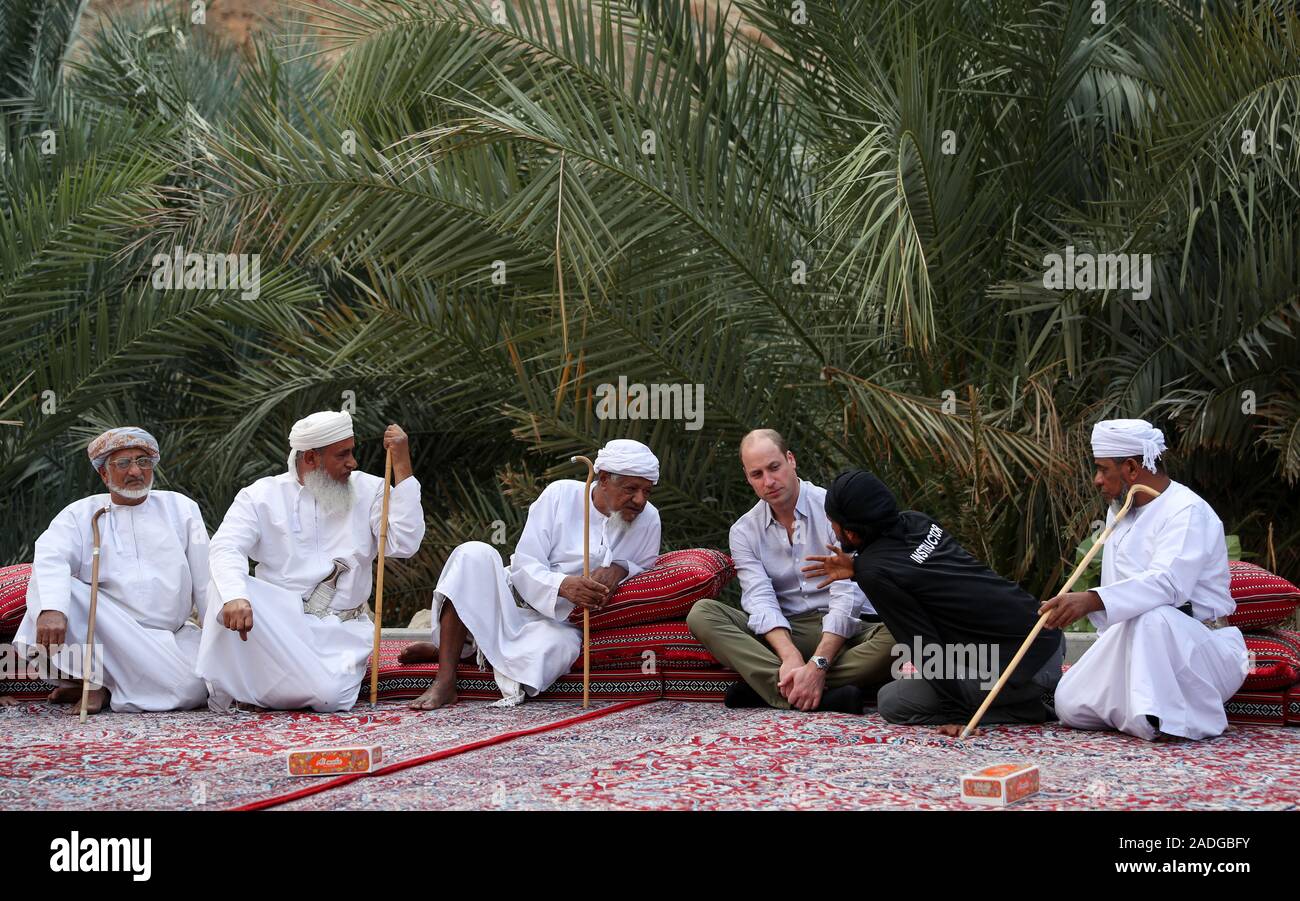 The Duke of Cambridge meets with village elders before an event with Outward Bound Oman at the Wadi al Arbaeen near Muscat, Oman, as part of his tour of Kuwait and Oman. PA Photo. Picture date: Wednesday December 4, 2019. See PA story ROYAL Tour. Photo credit should read: Andrew Matthews/PA Wire Stock Photo
