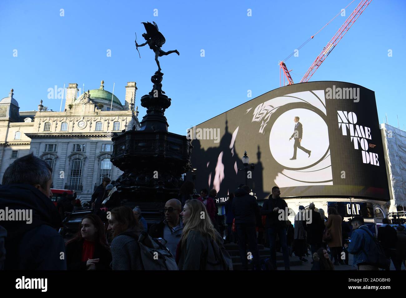 The trailer for the latest Bond film 'No Time to Die' is aired for the first time on the large screen in London's Piccadilly Circus. Stock Photo
