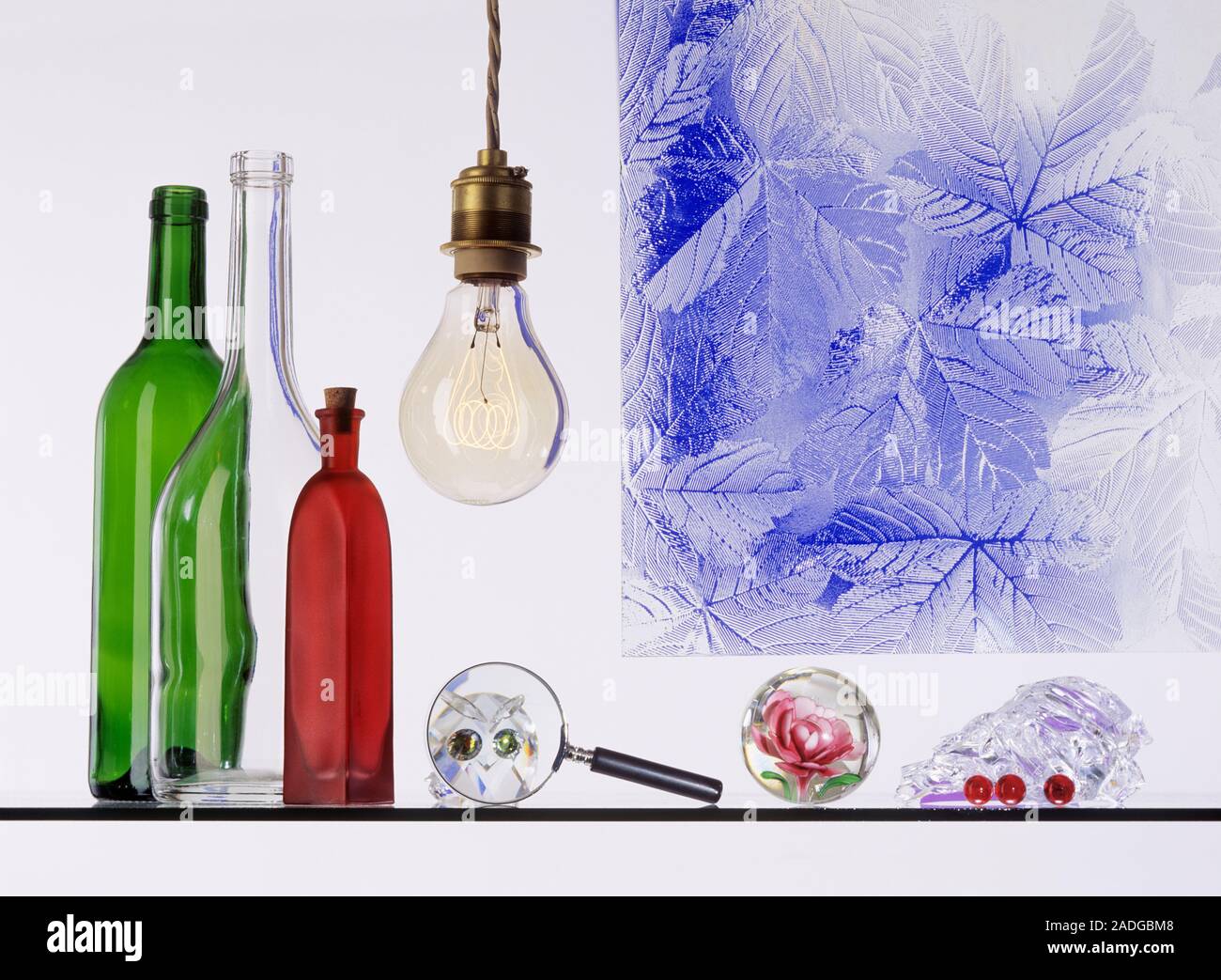 Glass objects. Collection of familiar objects made from glass. Glass is ...