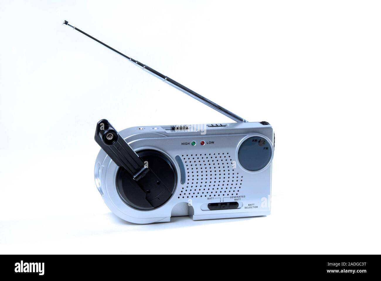 Windup radio. This radio uses a clockwork windup mechanism to