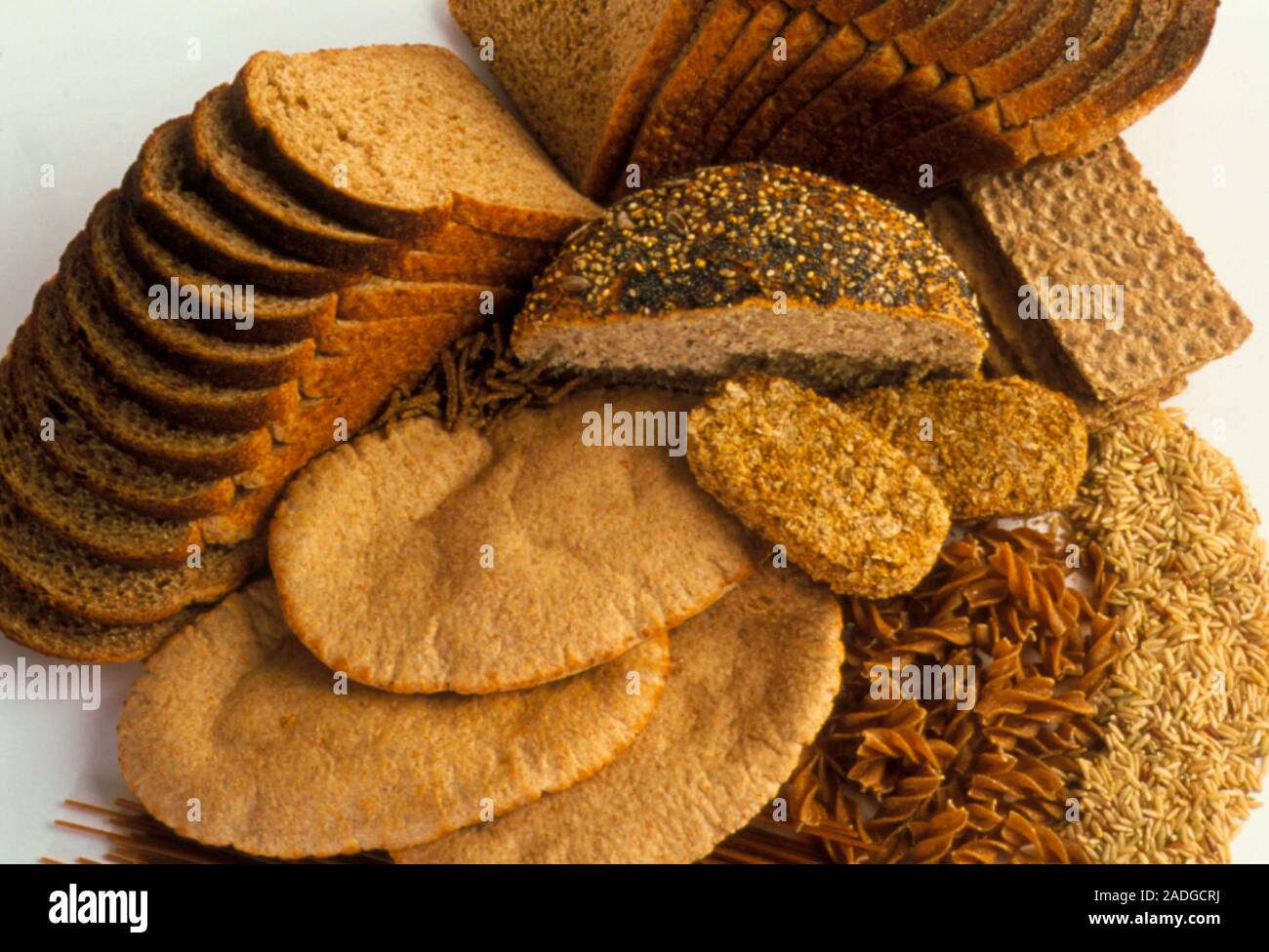 Bread and pasta. A selection of bread, cereals and pasta. The foods are