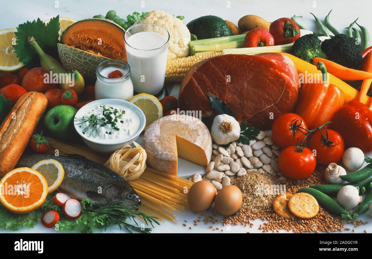 Foods from a balanced diet. View of an assortment of foods which