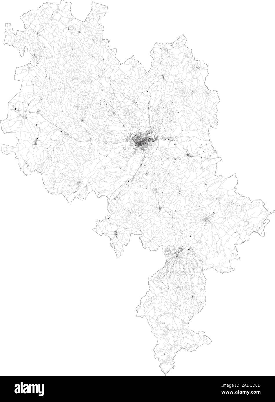 Satellite map of province of Asti, towns and roads, buildings and connecting roads of surrounding areas. Piedmont, Italy. Map roads, ring roads Stock Vector