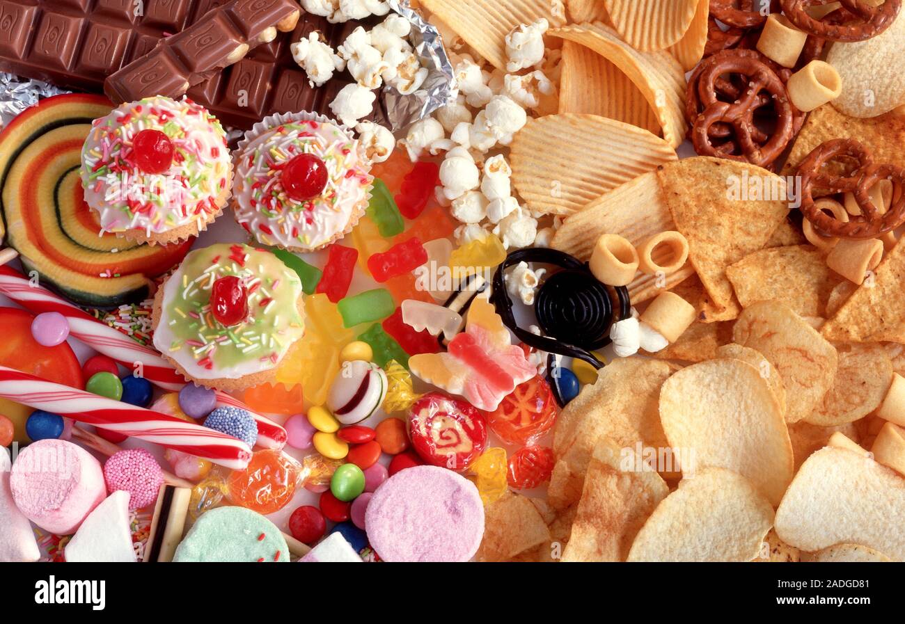 Unhealthy foods. Selection of unhealthy foods, including sweets and