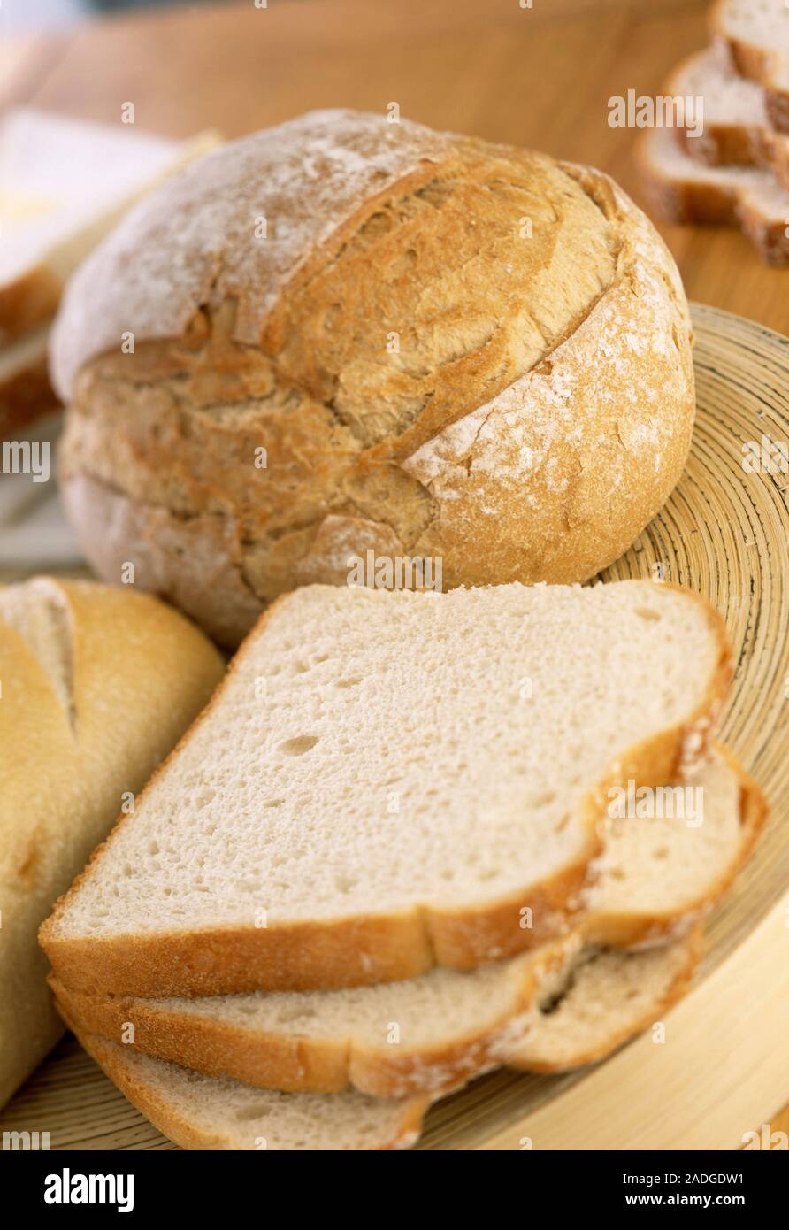 Assorted breads. Cereal grains, most often wheat, are ground into flour