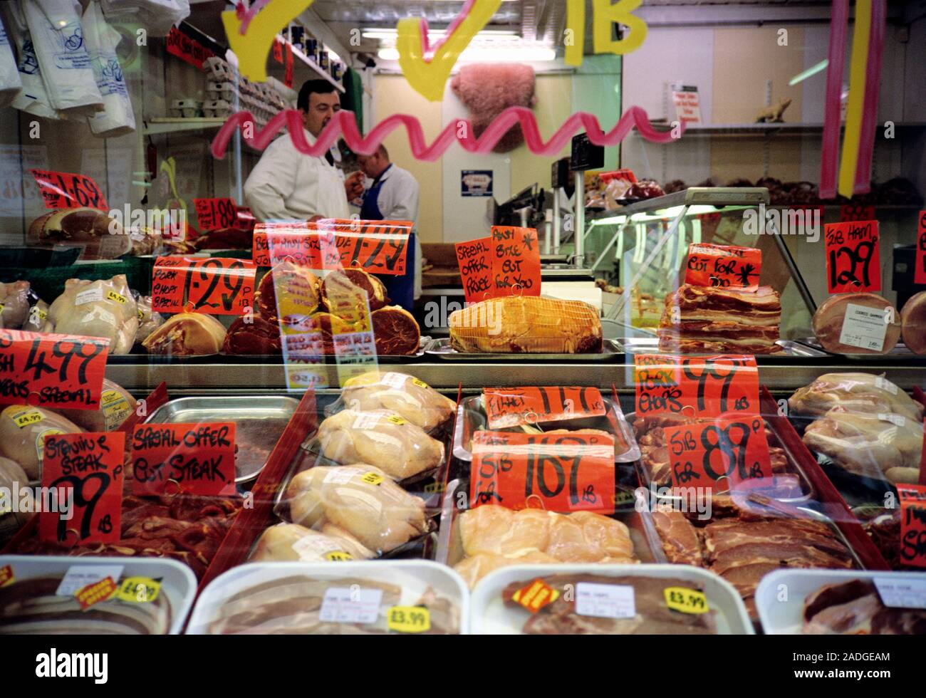 Butchers shop window, showing the various meat products on sale