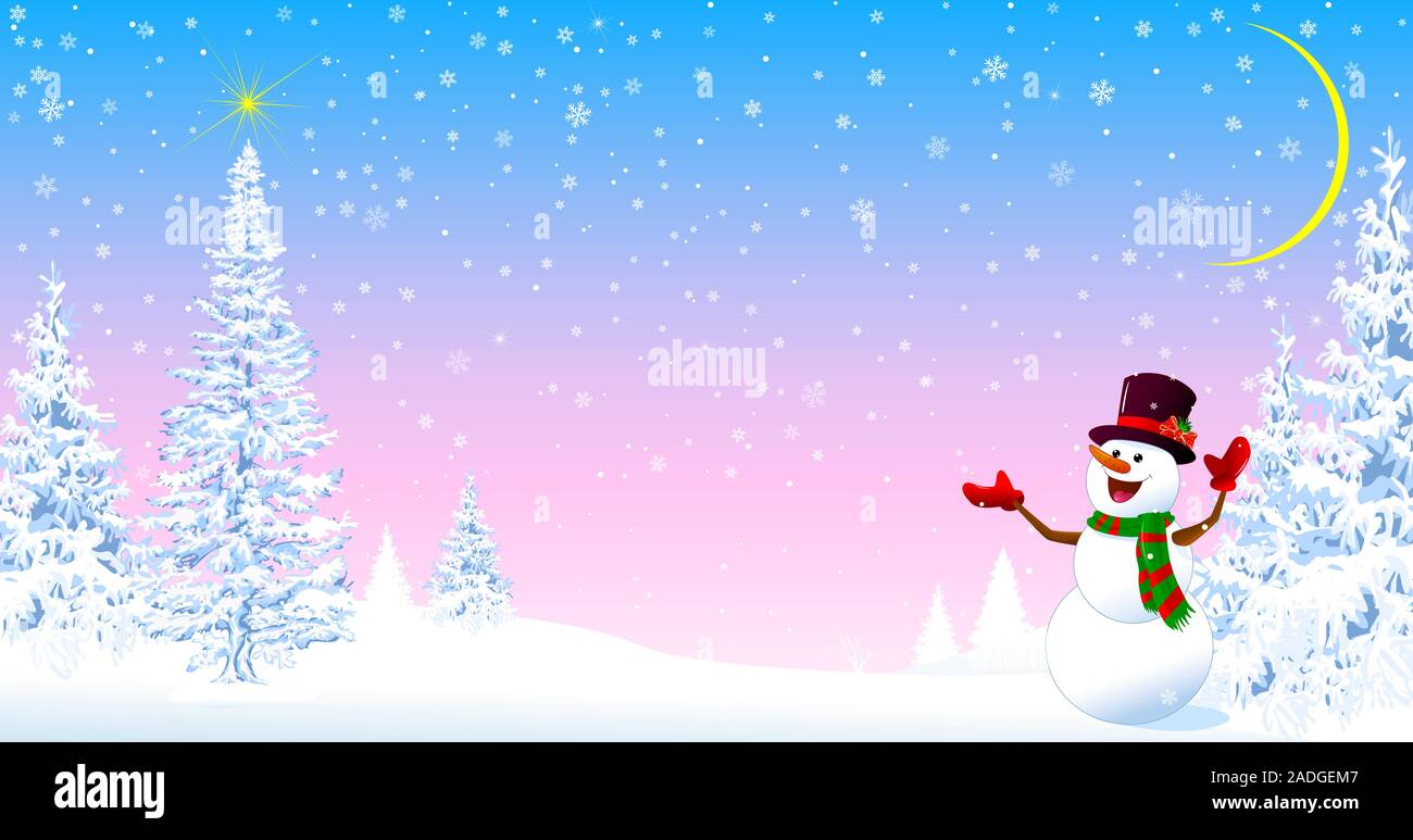 Snowman in a hat welcomes. Christmas tree. Star in the sky. Snowy ...