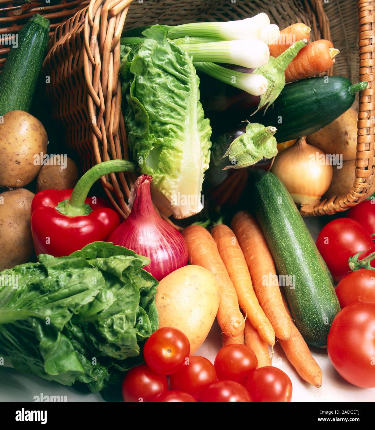 Mixed vegetables. Mixed vegetables: edible carrots, onion, peppe, tomato, potatoes, courgette, aubergine, lettuce in basket. Stock Photo