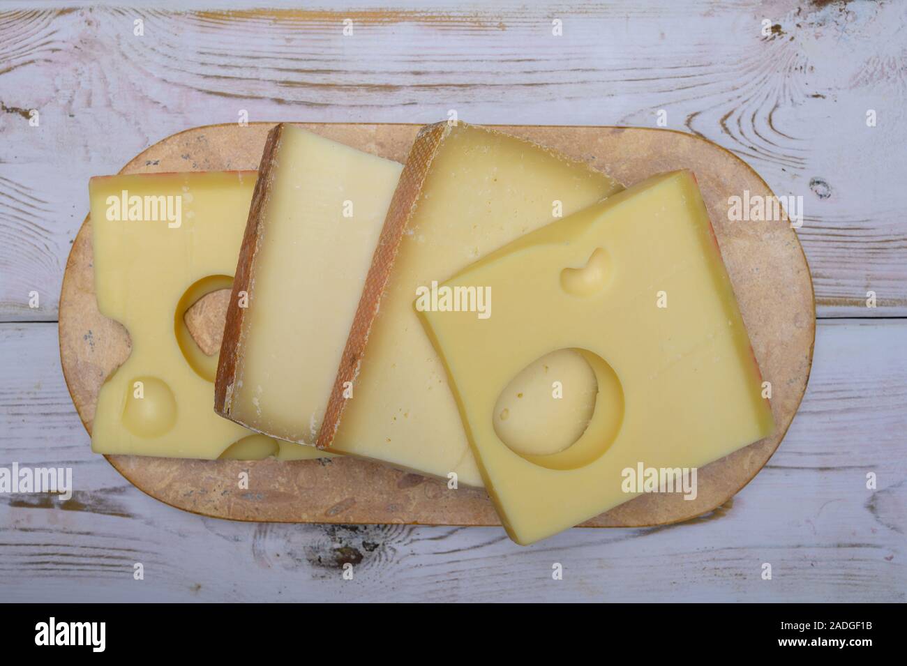 Cheese collection, swiss emmentaler, Gruyere, appenzeller cheeses Stock