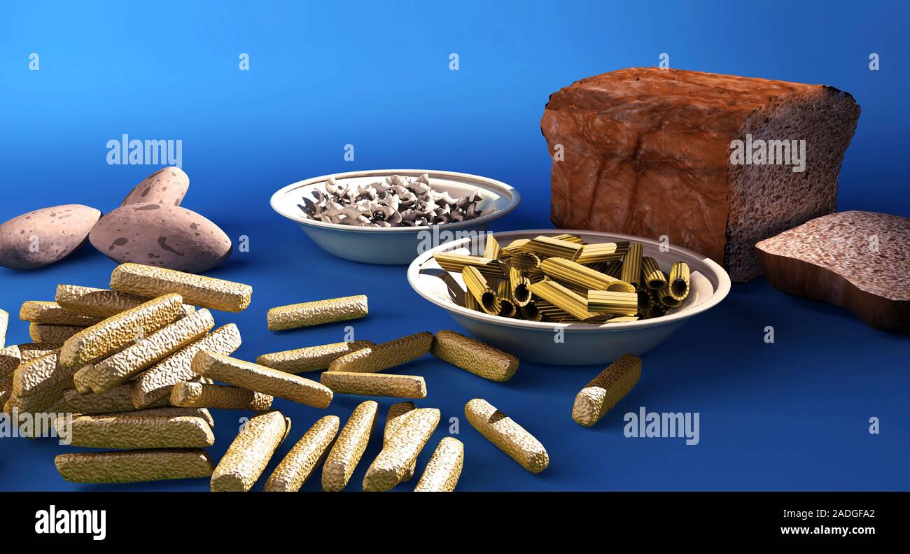 Carbohydrates. Computer artwork of food rich in carbohydrates. This
