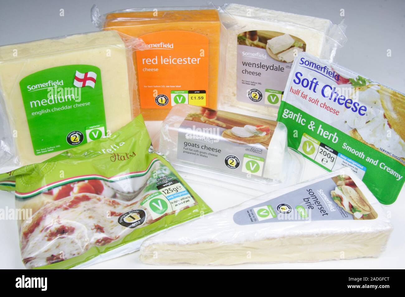Selection of vegetarian cheeses. Selection of hard and soft, full fat and half fat cheeses