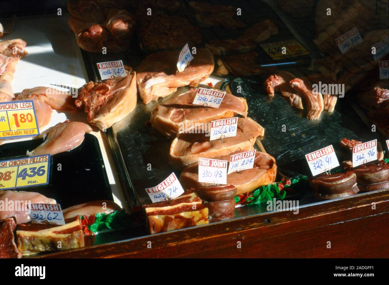 Butchers shop window, showing the various meat products on sale