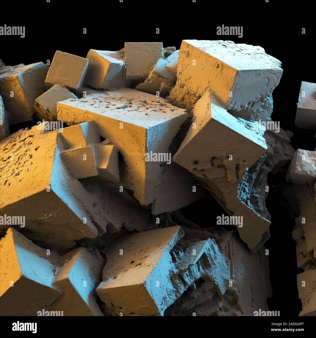 Common salt crystals. Coloured scanning electron micrograph (SEM) of