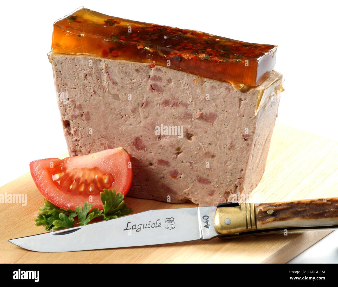 Pork liver pate. Slab of pate made from the liver of a pig. The top