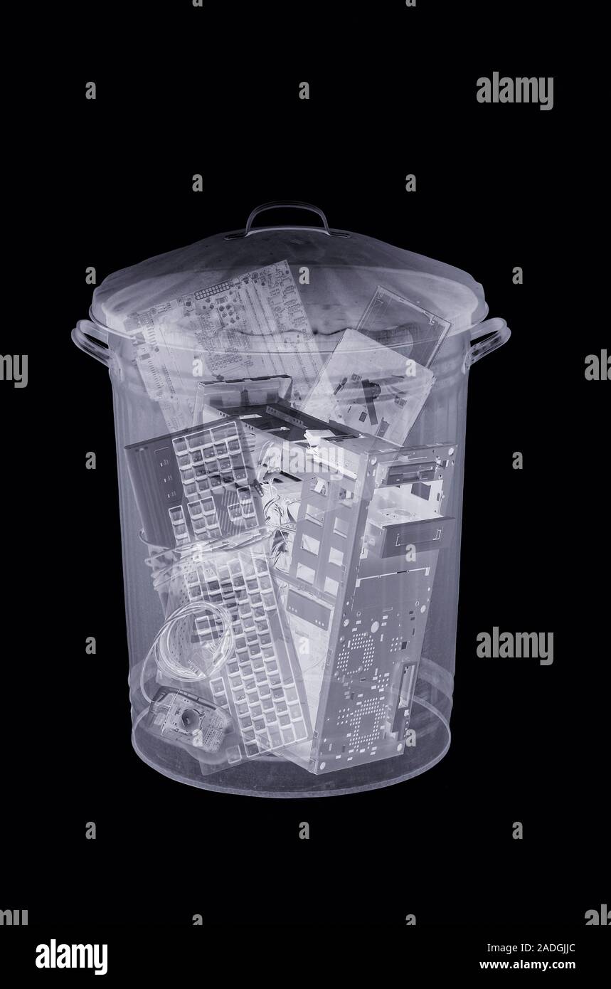 Rubbish bin. Simulated X-ray of a rubbish bin containing discarded ...