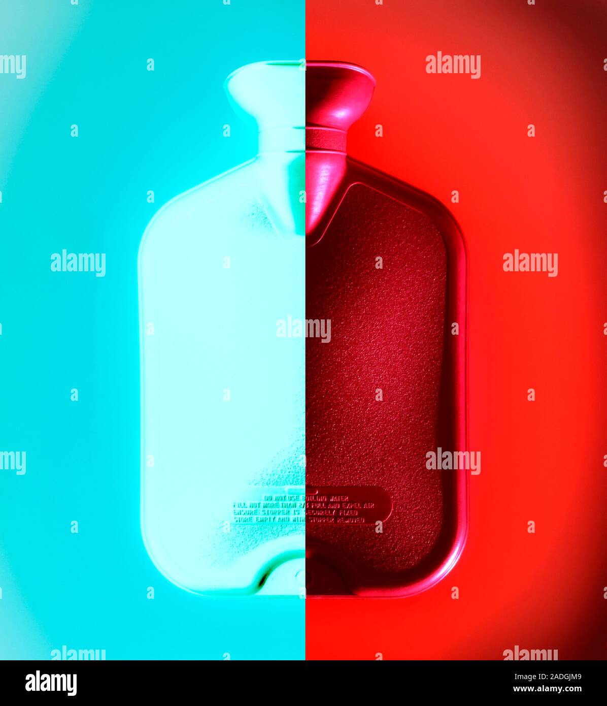 Hot and cold water bottle. Computer artwork of a half hot and half cold