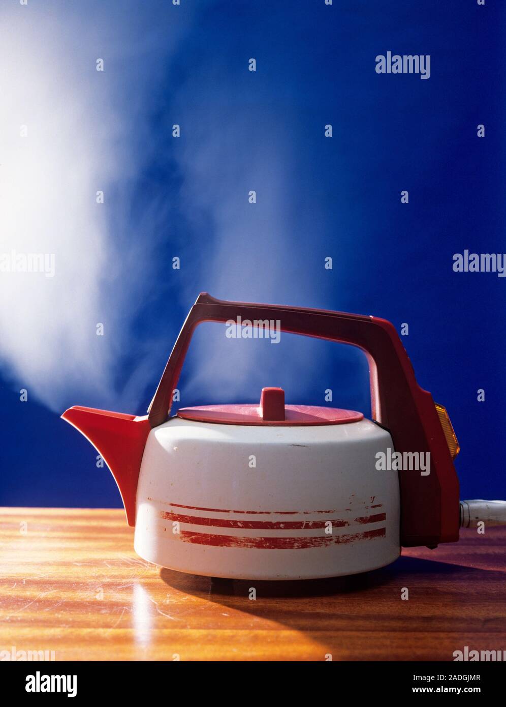 Boiling kettle. Steam rises from an electric kettle as it boils water