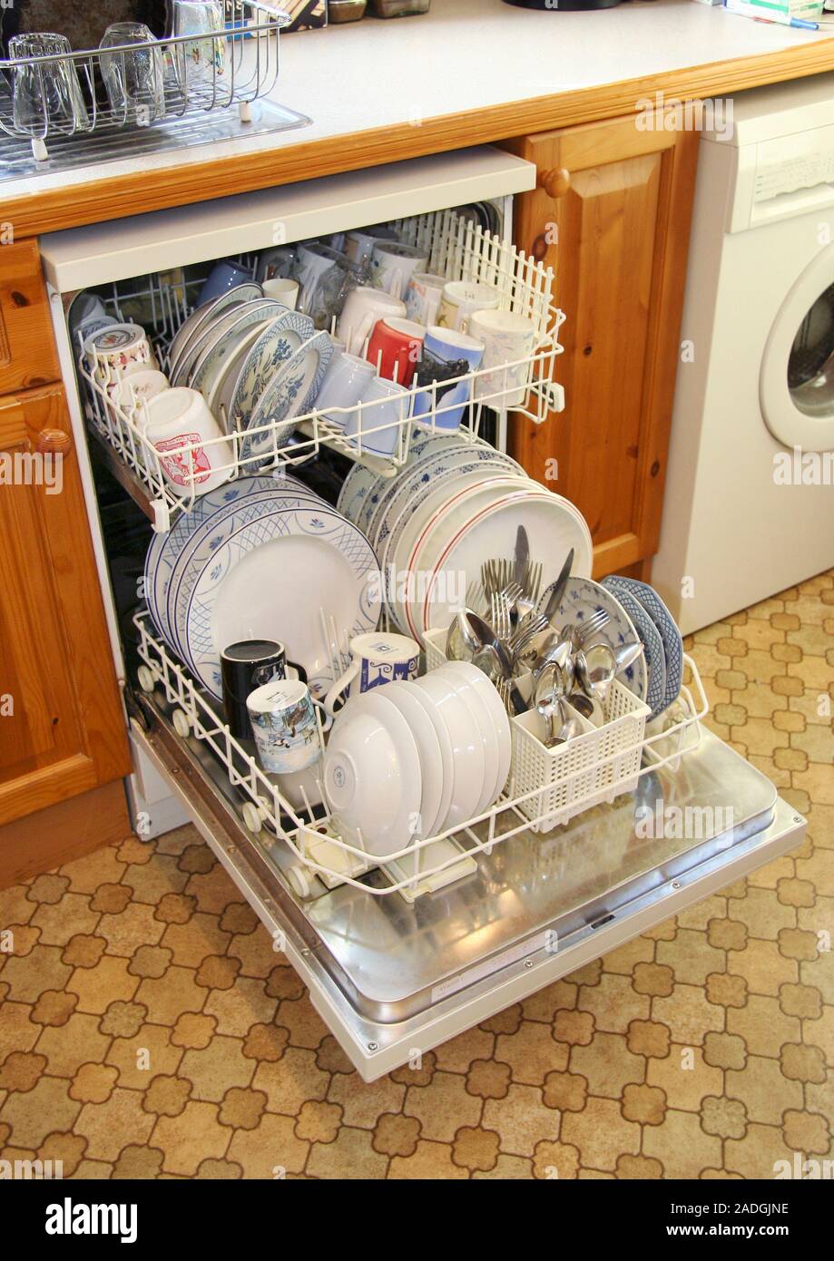 Dishwasher. Assortment of clean crockery and cutlery in a domestic