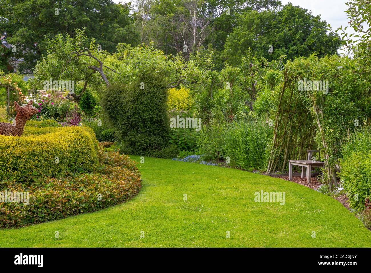 Sweeping path with herbaceous borders and seating area beneath a living Willow structure Stock Photo