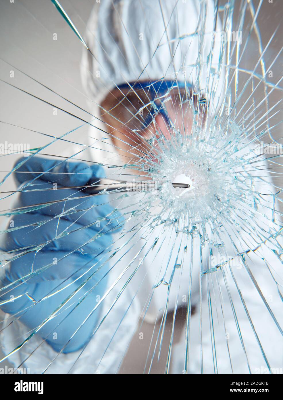 Collecting evidence. Forensics officer using forceps to collect