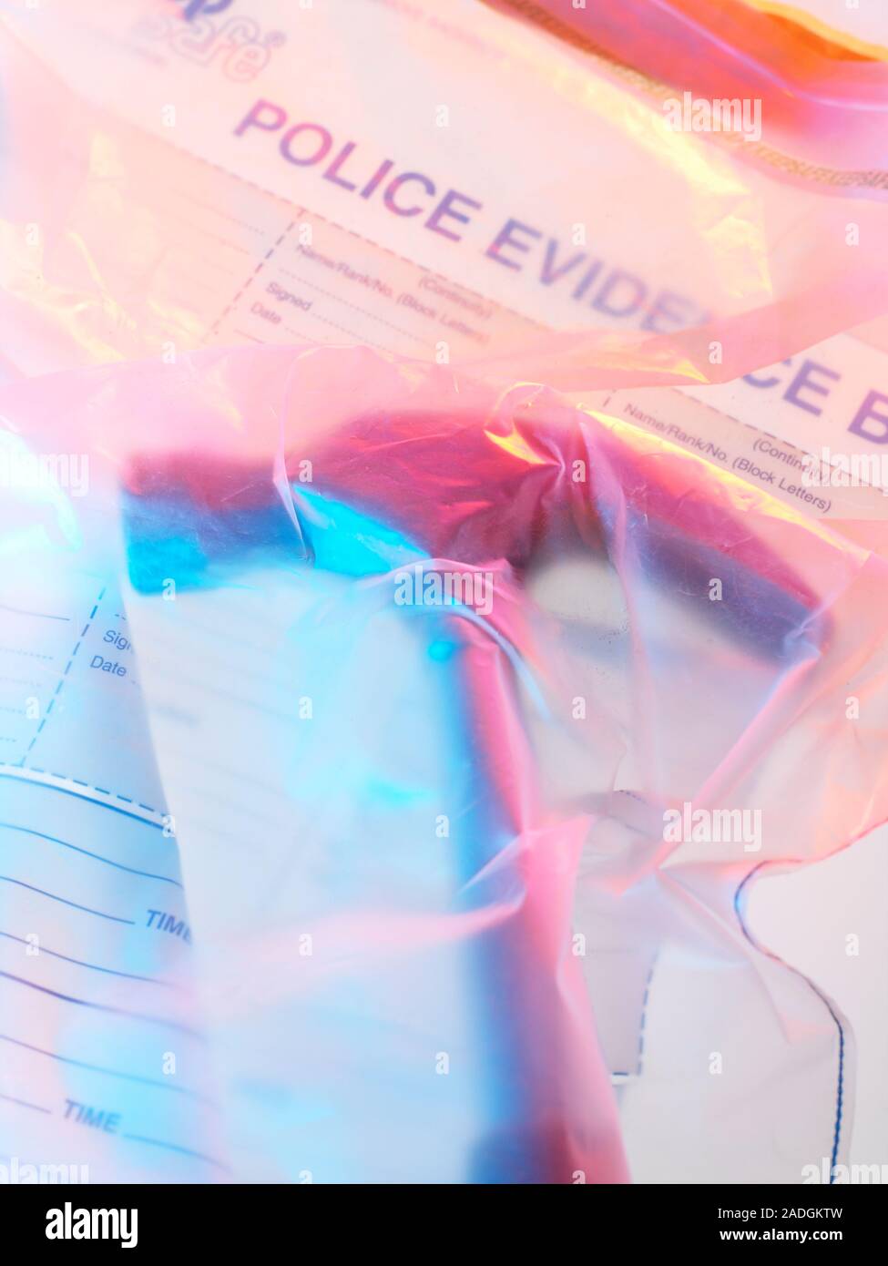 Forensic evidence. Hammer in an evidence bag. The hammer is placed in a