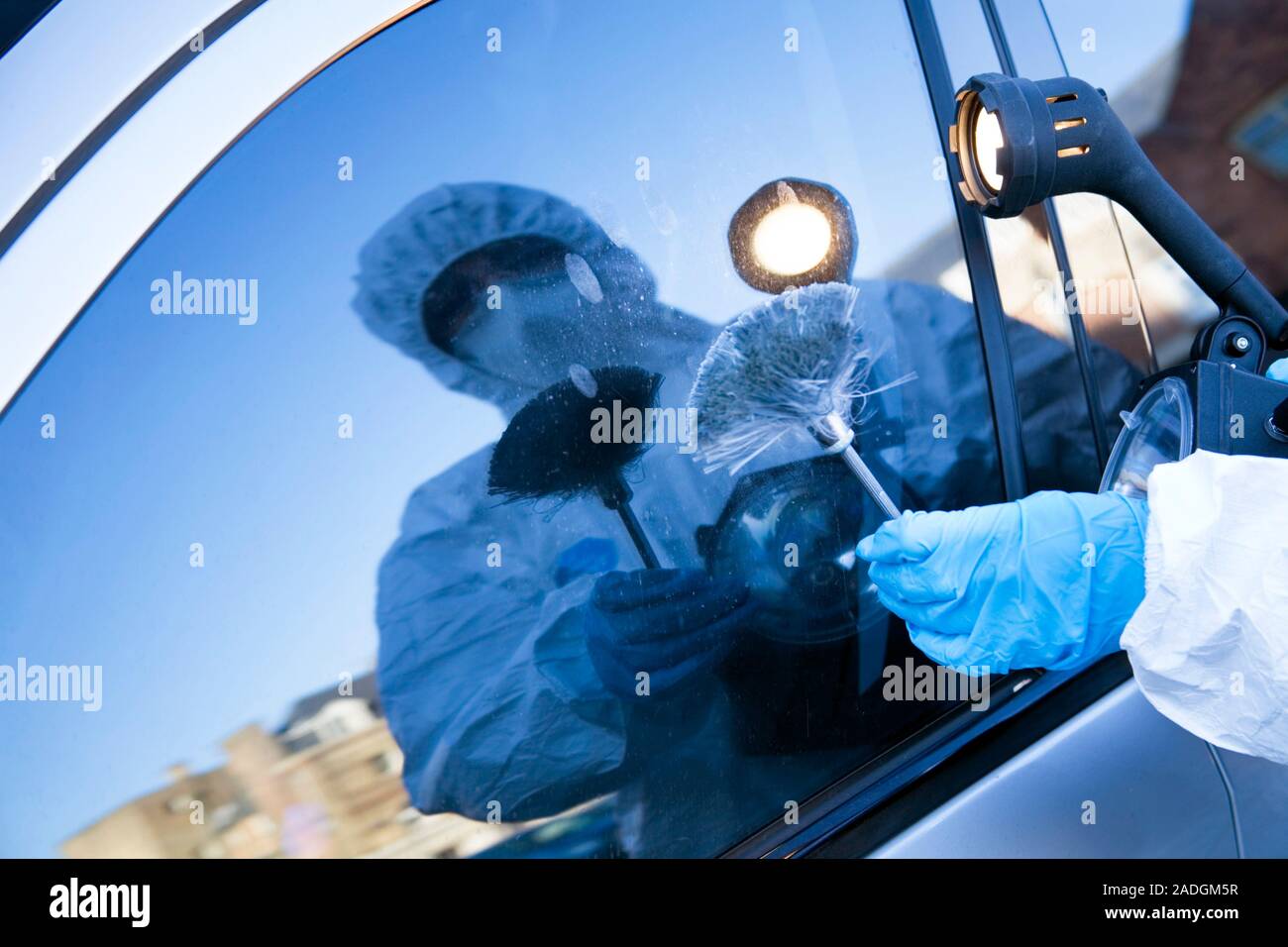 MODEL RELEASED. Forensics officer collecting evidence by dusting a car