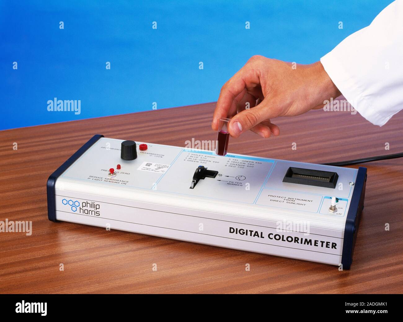 Colorimeter. This device measures the colour of a liquid, in particular