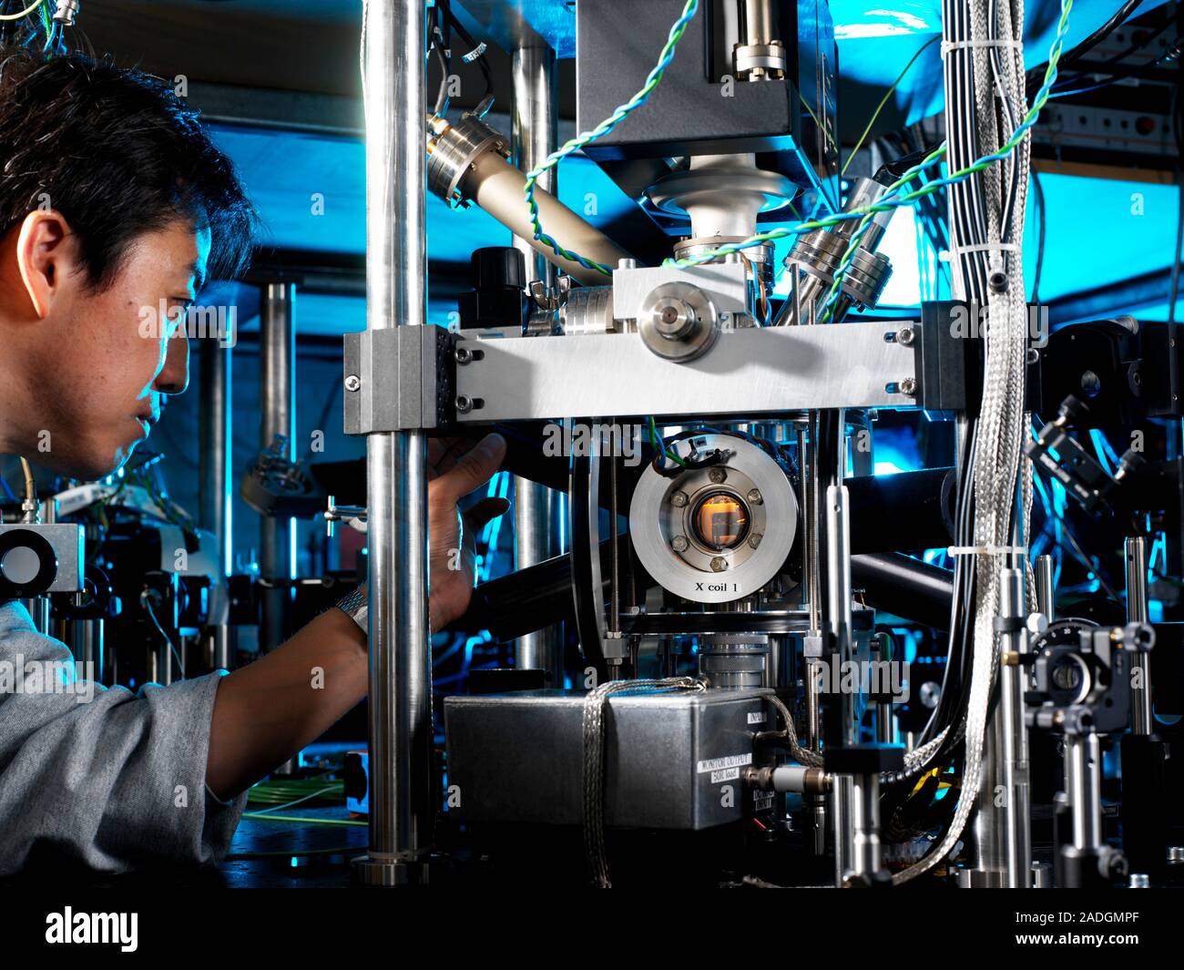 Ytterbium optical clock. Physicist working on an ytterbium optical