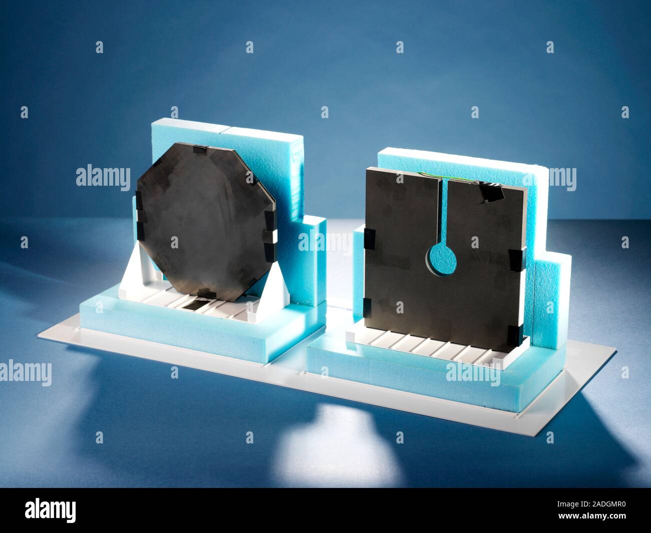 Electron beam radiotherapy calibrator. These graphite plates are used