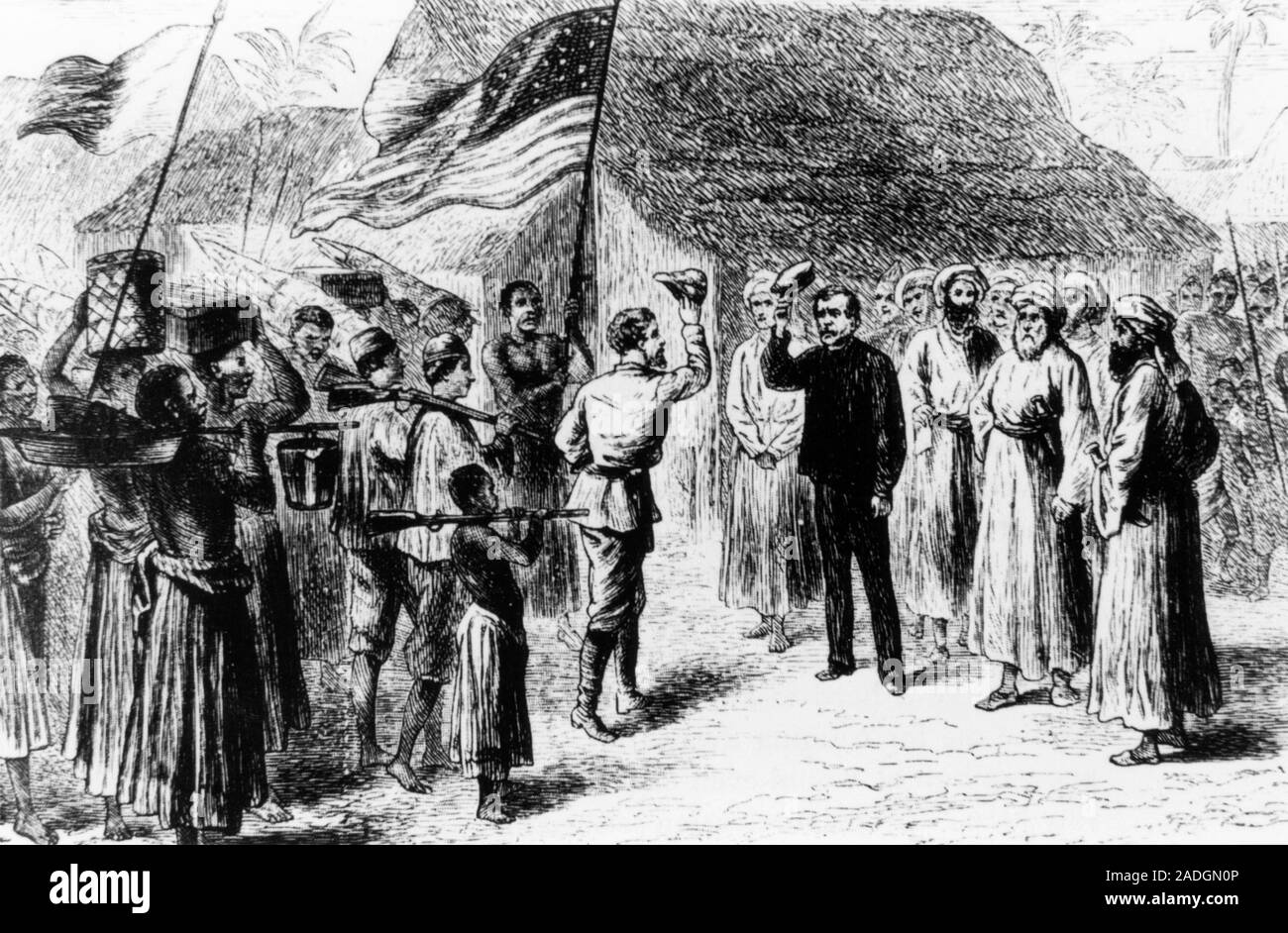 Stanley meets Livingstone. Historical artwork of the legendary meeting