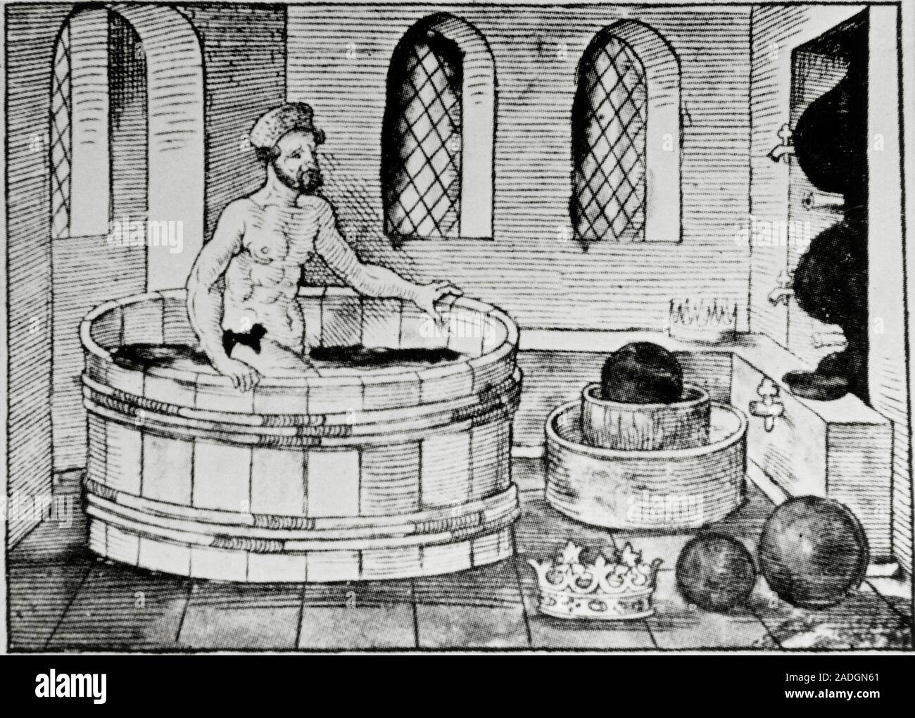 Archimedes in his bath. Engraving of the Greek mathematician and physicist, Archimedes, (c.287- 212 BC) in his bath. It is here he is said to have dis Stock Photo