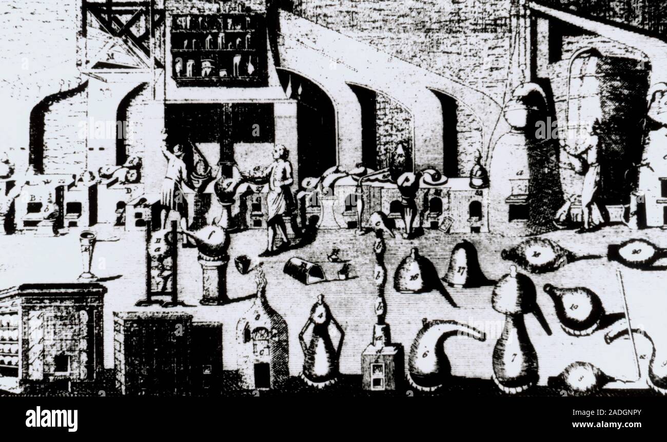 Mit Bolye Lab Boyle's laboratory. Engraving of the laboratory of Robert Boyle (1627 ...