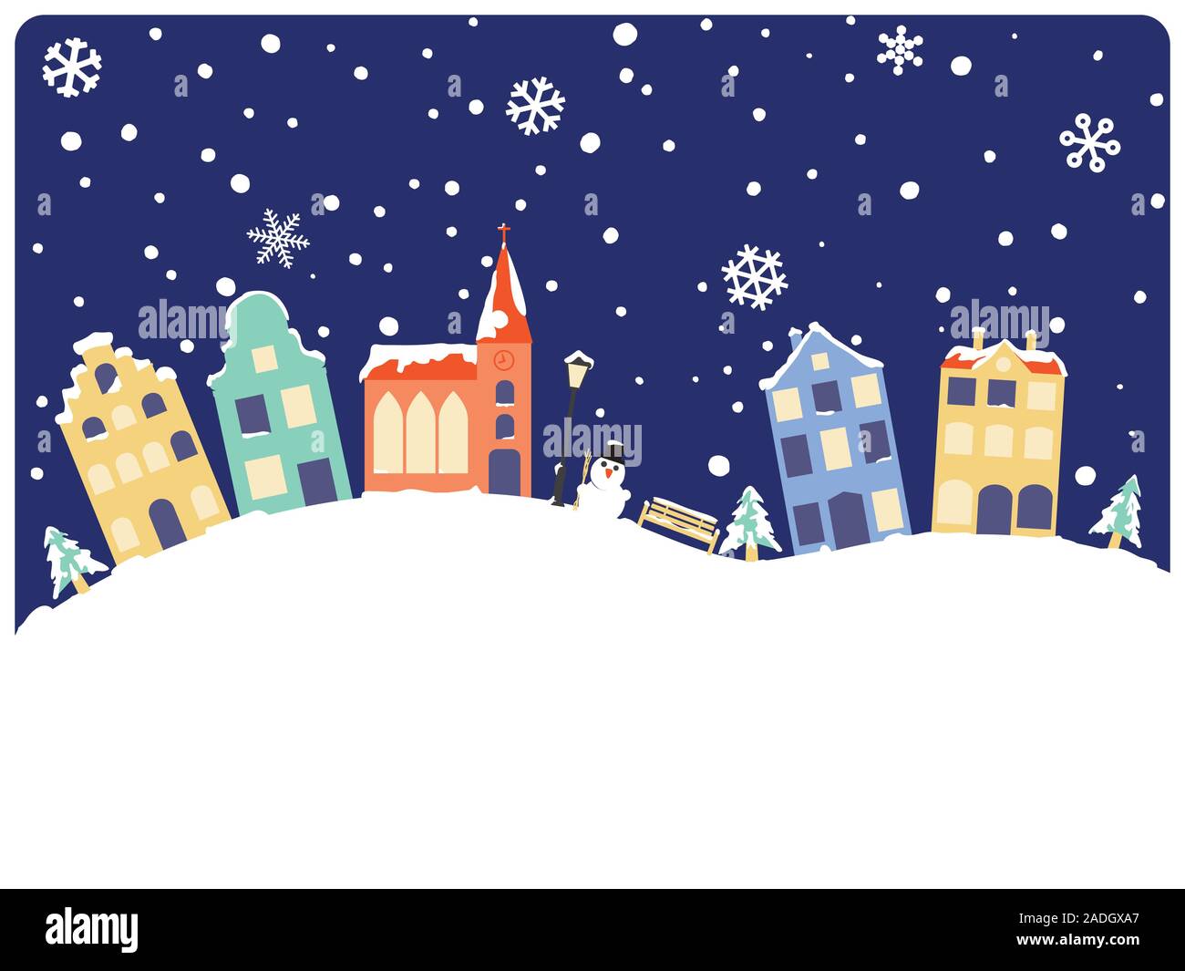 Winter and Seasons greetings with cute village. Vector Illustration of townhouses and church on snowcovered hills copy space below Stock Vector