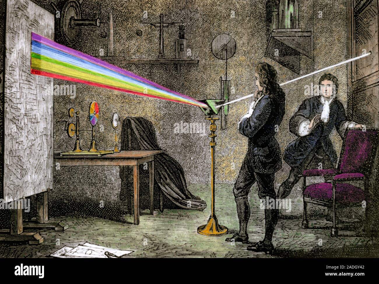Newton's optics. Coloured artwork of the English physicist Isaac Newton ...