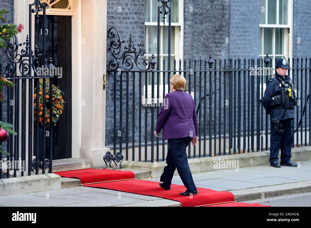 German Chancellor Angela Merkel arriving in Downing Street for a meeting of NATO leaders, 3rd Dec 2019 Stock Photo