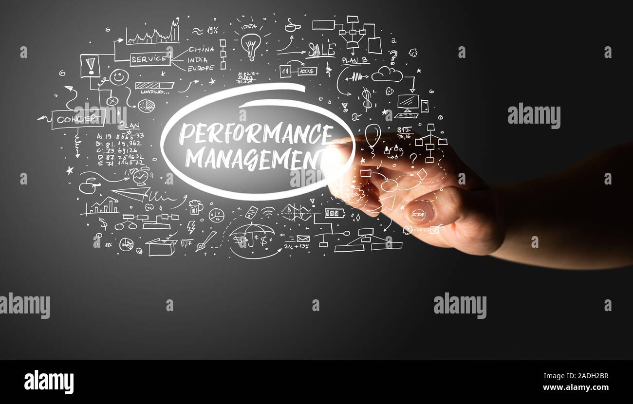 Hand touching PERFORMANCE MANAGEMENT inscription, hand drawn icons ...