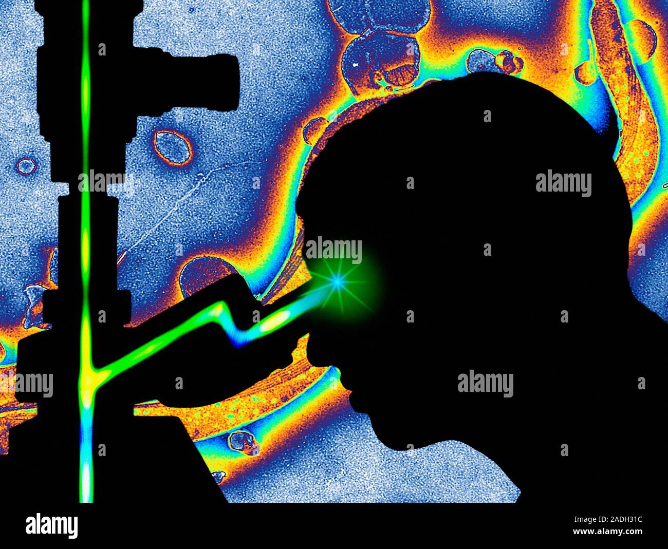 Light microscopy. Silhouetted technician using a binocular light