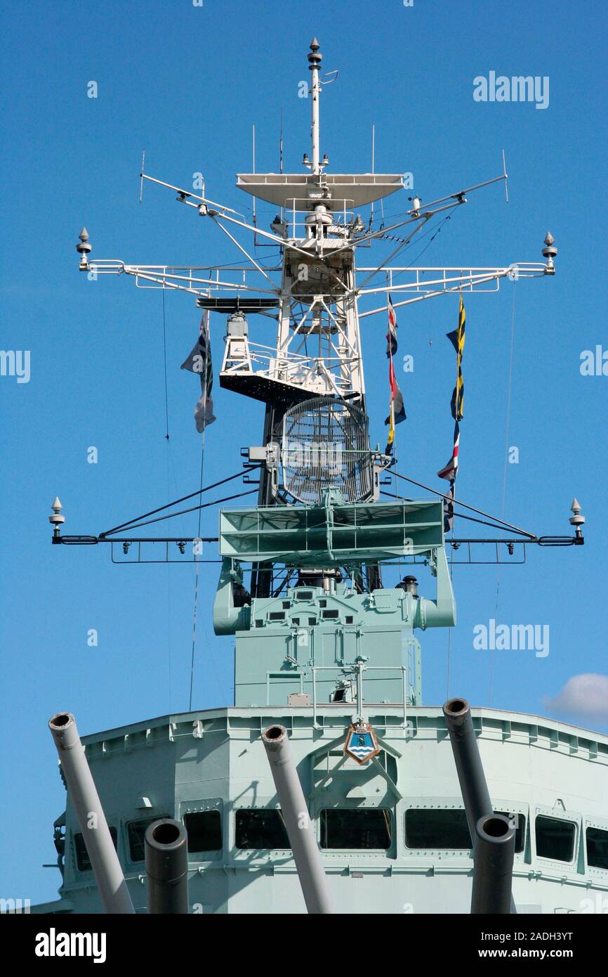 Ship radar mast on board HMS Belfast. The mast carries radio and radar