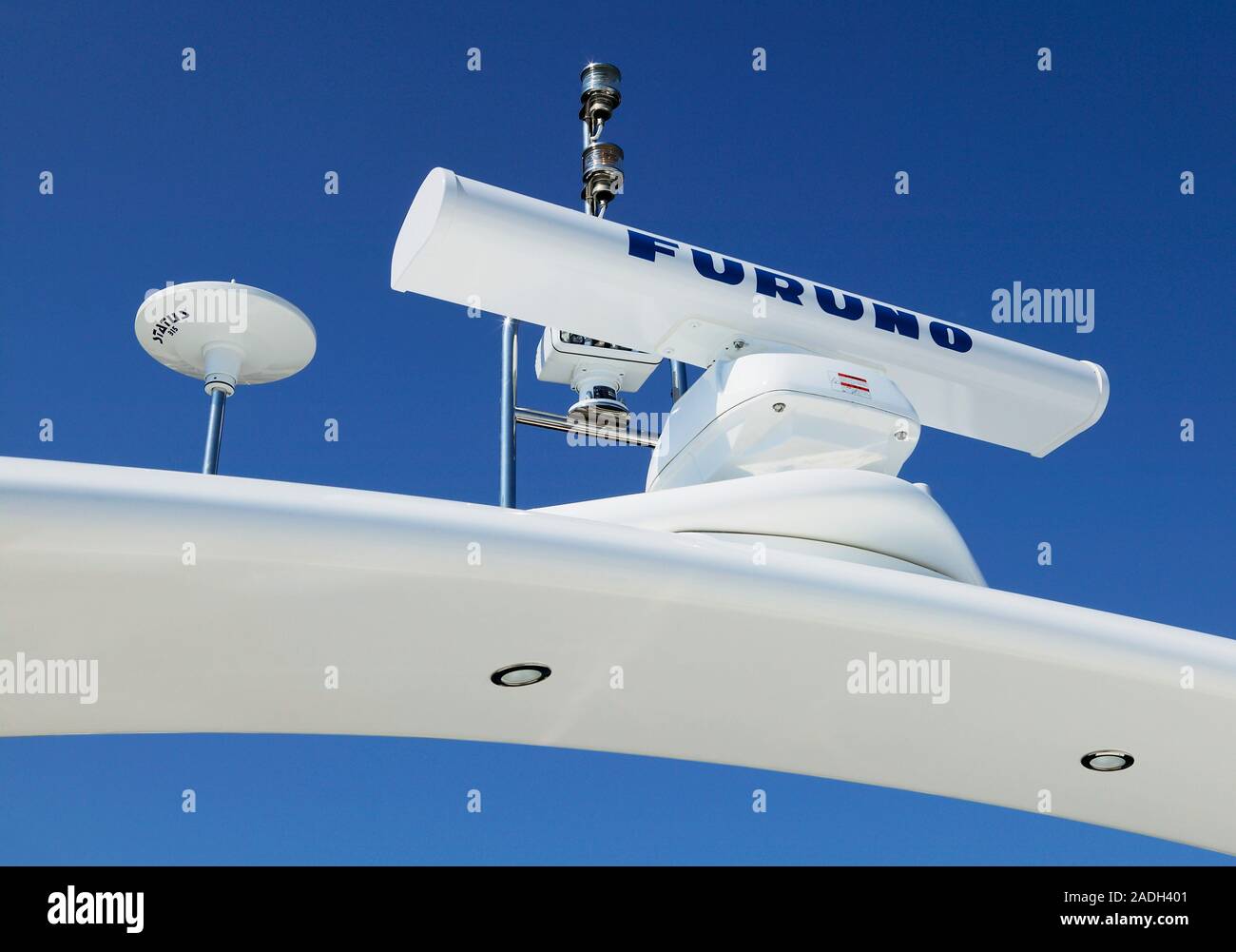 Radar on a cruise ship. Radar and communications equipment on top of a passenger cruise ship